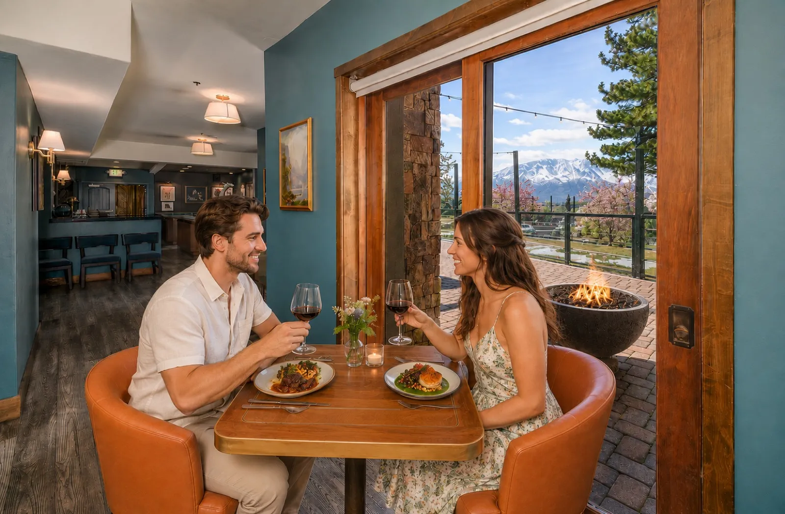 Two guests at a window table looking out at Lake Tahoe